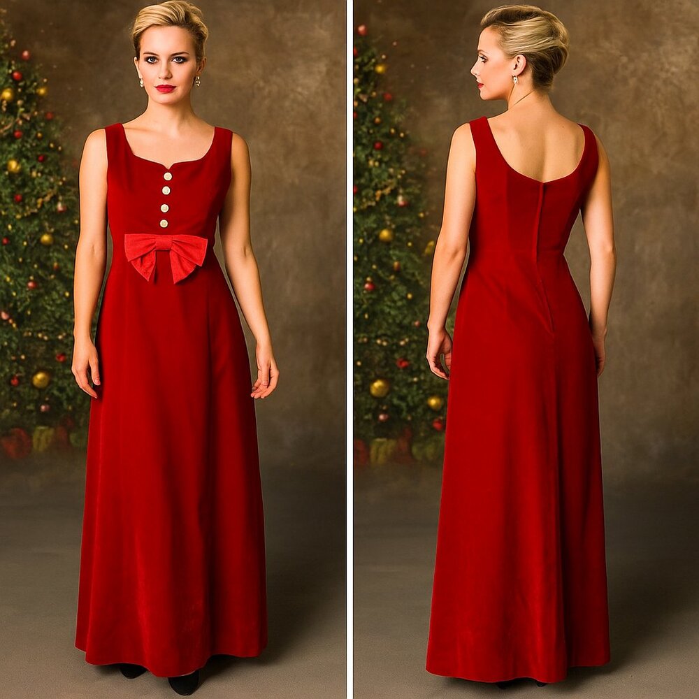 Vintage 1997 Red Velvet Maxi Dress size 8 90s Y2K Holiday Evening Victorian